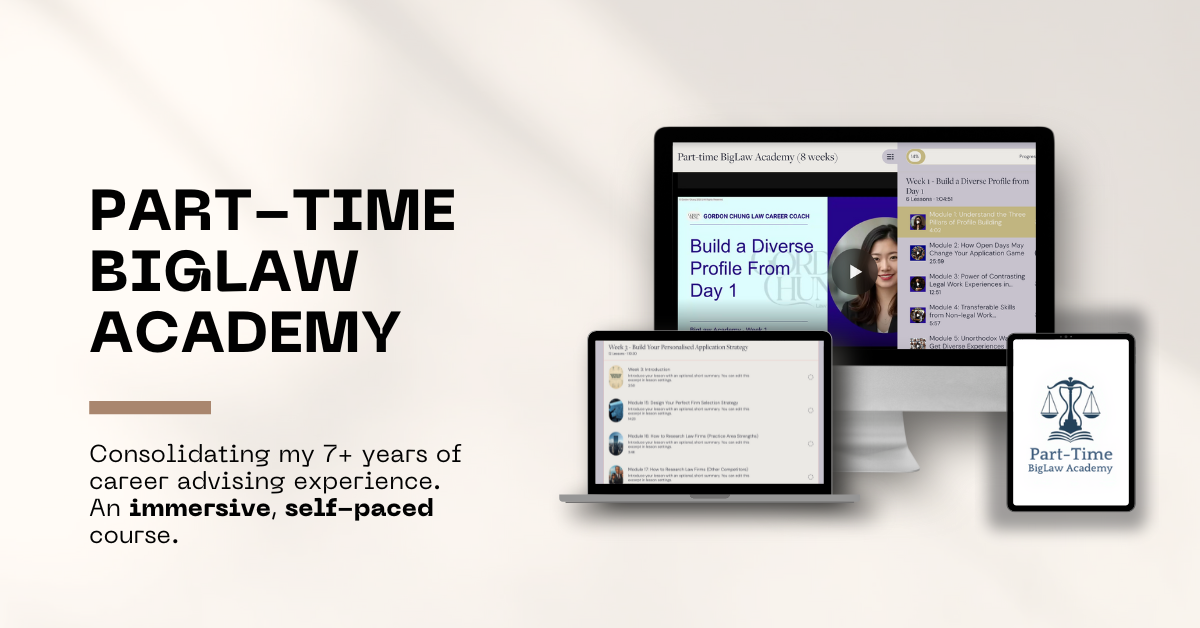 A promotional image for Part-Time BigLaw Academy showing a computer monitor, a laptop, and a tablet displaying course content and branding.