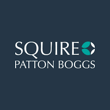 Squire Patton Boggs logo with text and graphic element on a dark background