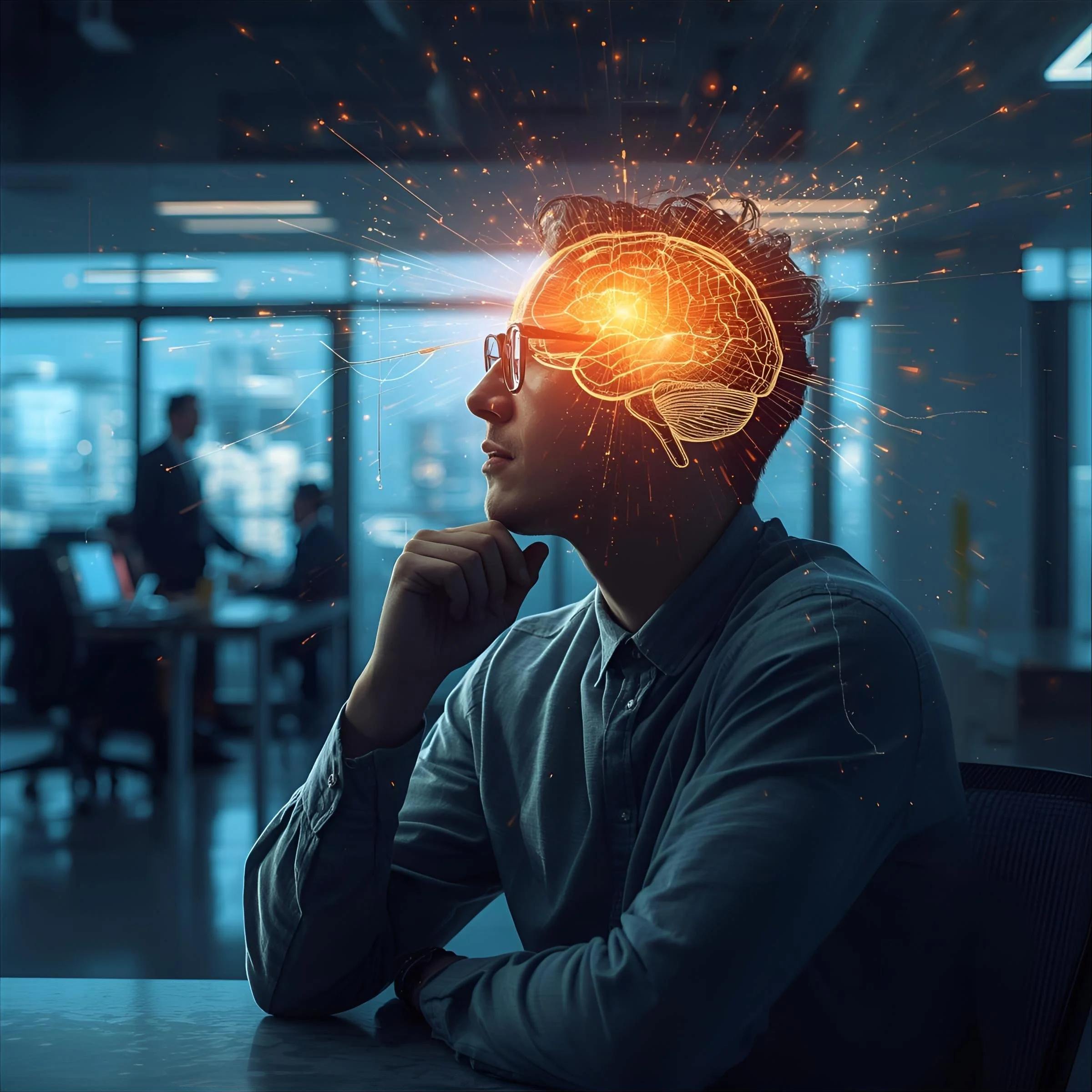 A person sitting at a table with their chin resting on their hand, wearing glasses. An artistic depiction of an illuminated human brain is overlaid on their head, with sparks and light streaks radiating outward in a futuristic theme, in an indoor setting with a blurred background.