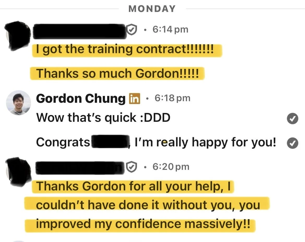 Screenshot of a text conversation on Monday with highlighted messages expressing excitement about obtaining a training contract, thanking Gordon, and praising his help for boosting confidence.