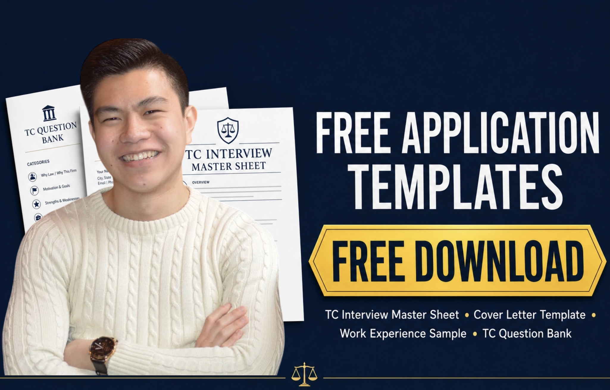 A smiling young man with dark hair wearing a cream-colored sweater and a watch on his left wrist standing in front of a dark blue background with white and yellow text. The text advertises free downloadable templates for legal and interview documents, including a TC question bank, interview master sheet, cover letter template, work experience sample, and more.