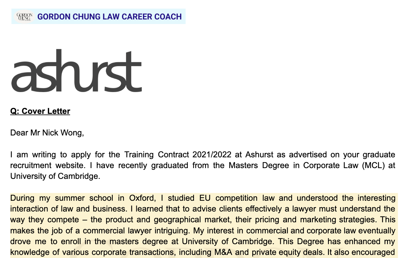 Letterhead with Gordon Chung Law Career Coach logo, image of the word 'ashurst' in black, and a cover letter addressed to Mr. Nick Wong, discussing applying for a training contract at Ashurst.