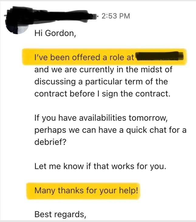 Email message discussing a job offer, highlighting the phrase "I've been offered a role at" and thanking for help.