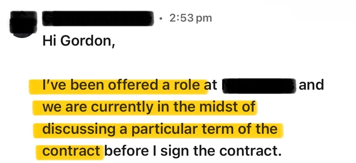 Email message discussing a job offer and contract negotiations.