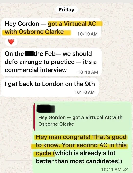 WhatsApp chat conversation with messages about a virtual air conditioning unit with Osborne Clarke, a congratulatory message, and details about a commercial interview and travel plans.