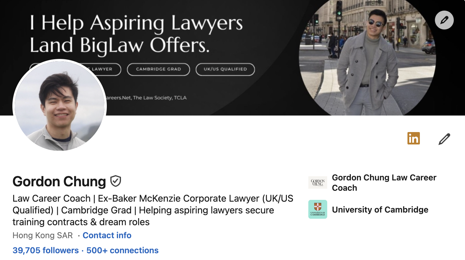 LinkedIn profile page of Gordon Chung, a law career coach and former corporate lawyer, featuring a cover photo of him smiling in a suit outdoors and a profile picture of him smiling against a cloudy sky background.