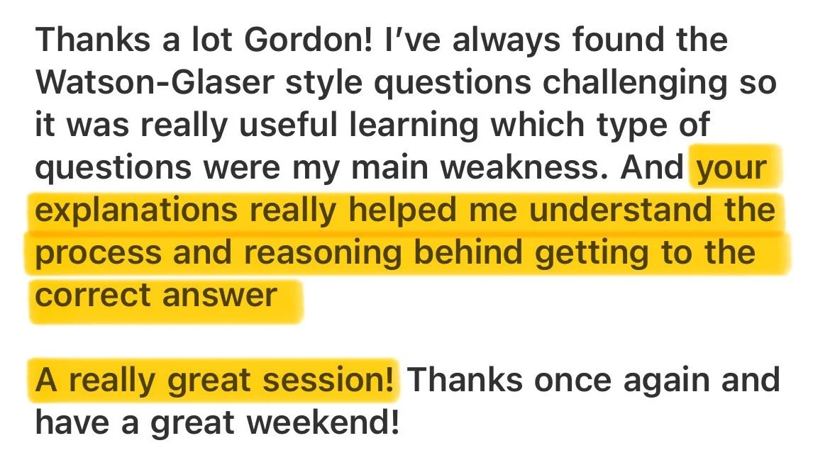 Close-up of a text message expressing gratitude and mentioning Watson-Glaser style questions, with a highlighted sentence praising an explanation, and another highlighted phrase describing a great session.