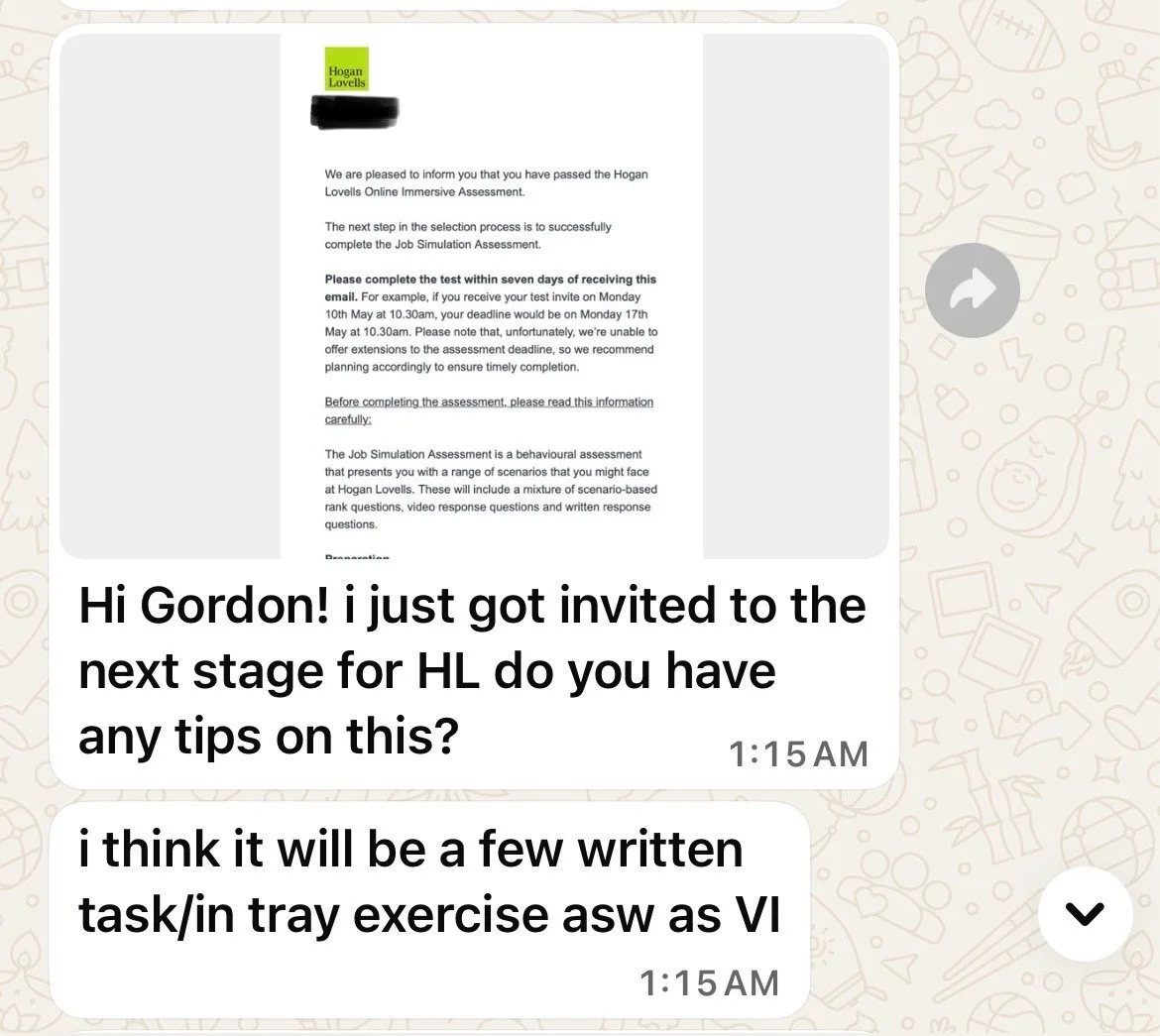 Screenshot of a WhatsApp conversation with a message regarding an online assessment from Hogan Lovells, asking for tips and mentioning it will include written tasks and a vide response exercise.