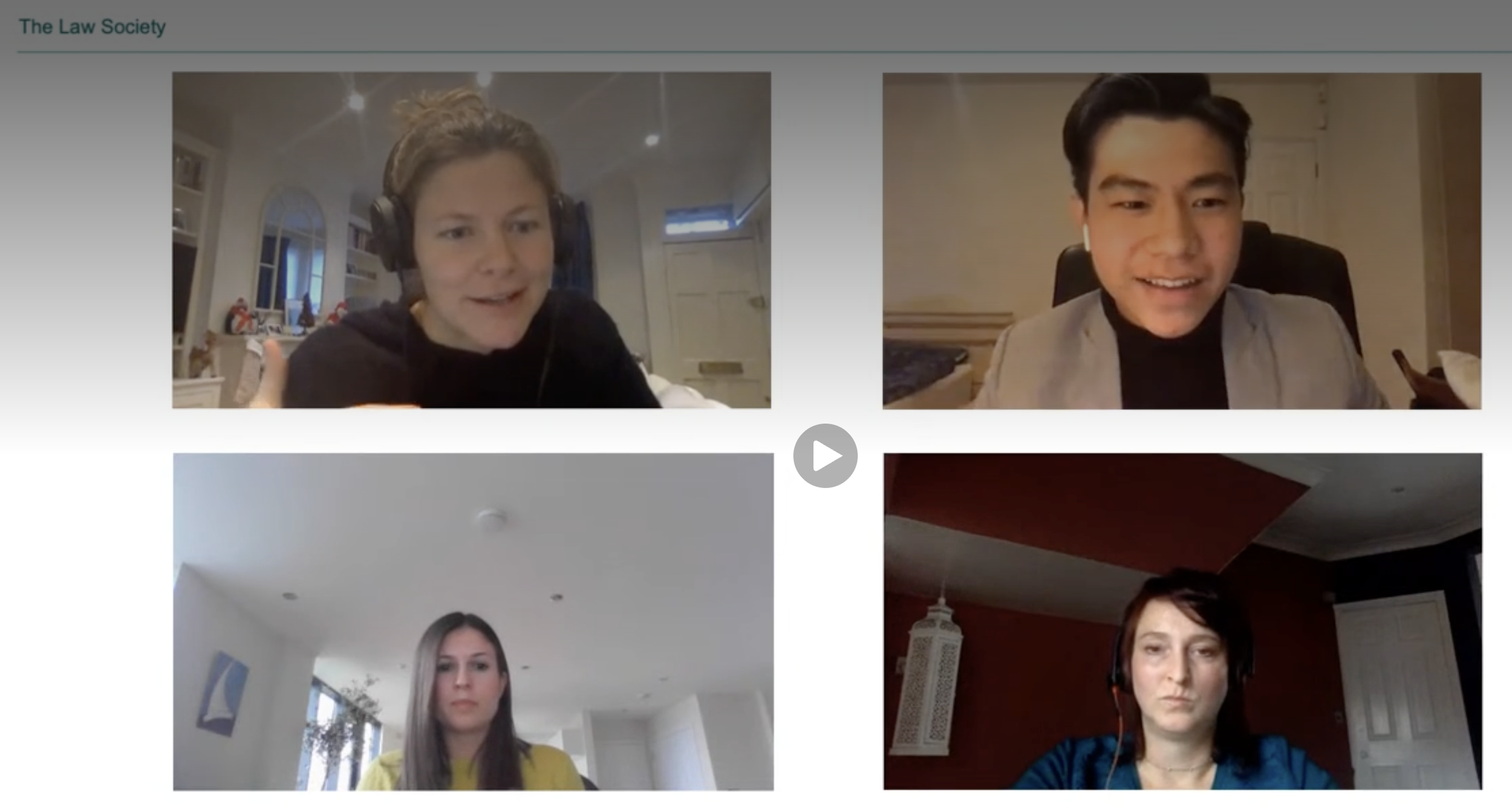Screenshot of a virtual meeting with five people, each in their own video window, participating from different backgrounds.