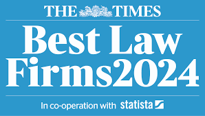 The image features the logo for The Times announcing the 'Best Law Firms 2024' in collaboration with Statista.