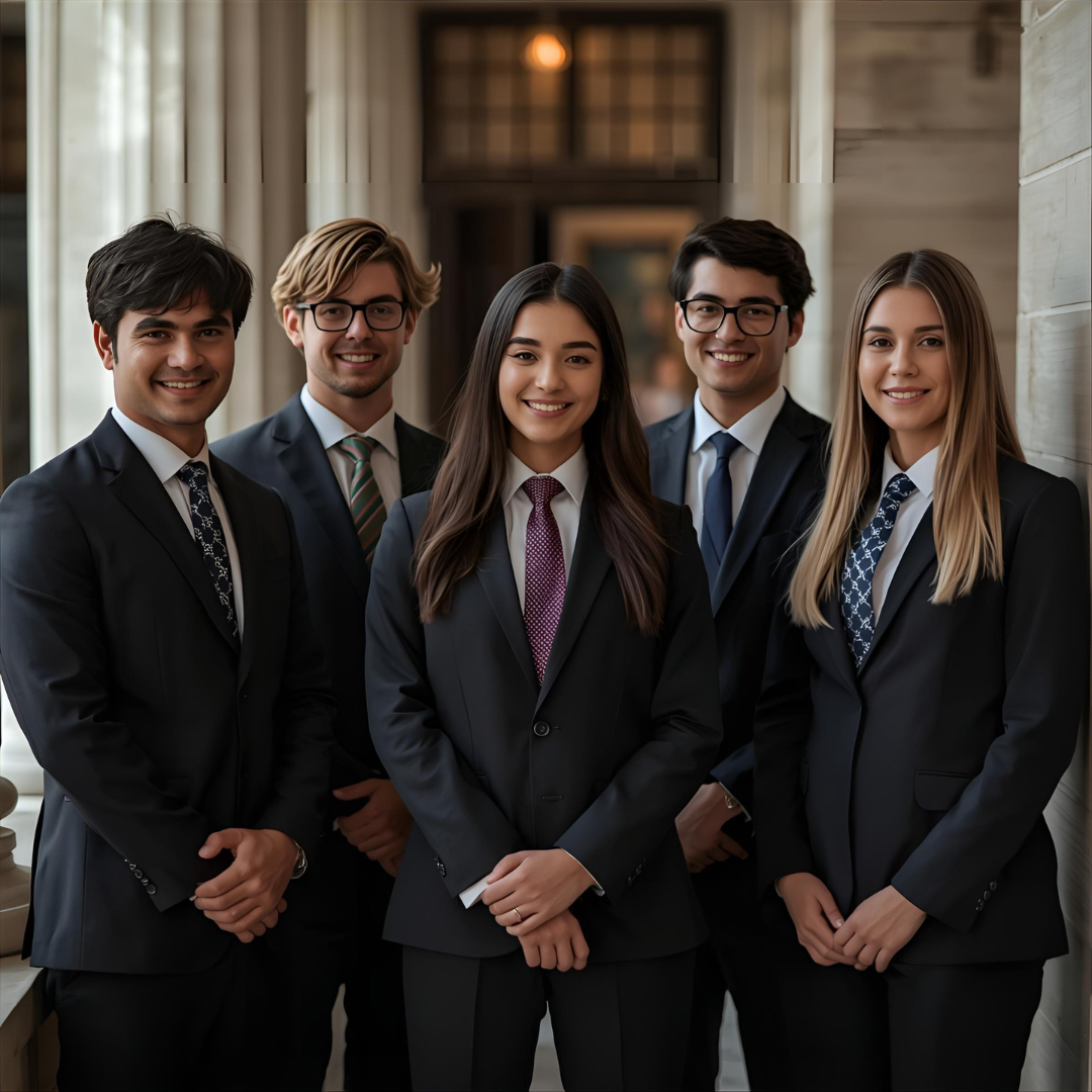 Group of five young professionals in business suits standing together indoors, smiling at the camera.