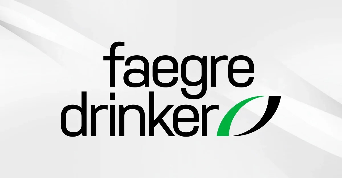Logo with the words 'faegre drinker' in black text and a stylized green and black leaf design.