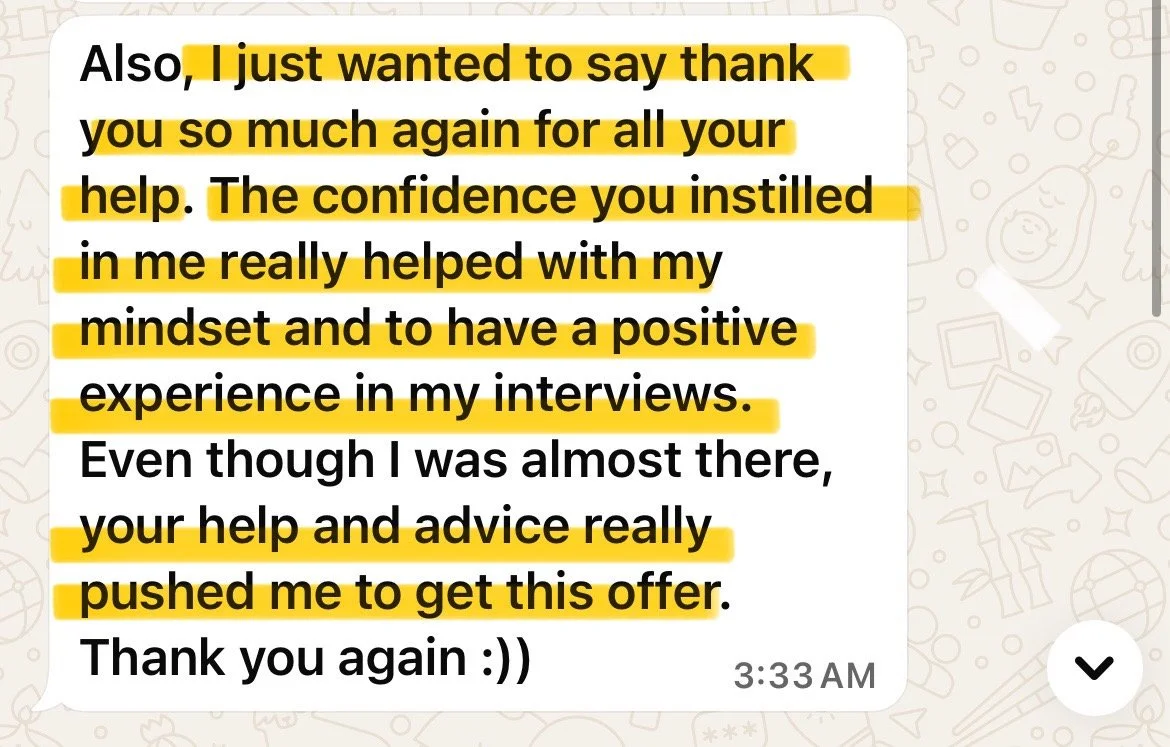 Text message thanking someone for their help and advice, which boosted confidence and helped land a job offer.