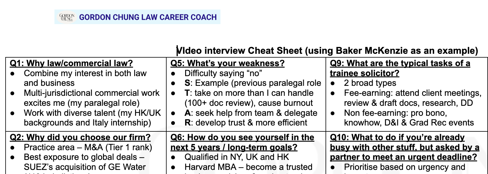 Screenshot of a cheat sheet for a video interview with Gordon Chung Law Career Coach, including questions and answers about law career motivations, weaknesses, tasks, firm choice reasons, self-assessment, long-term goals, and handling busy periods.