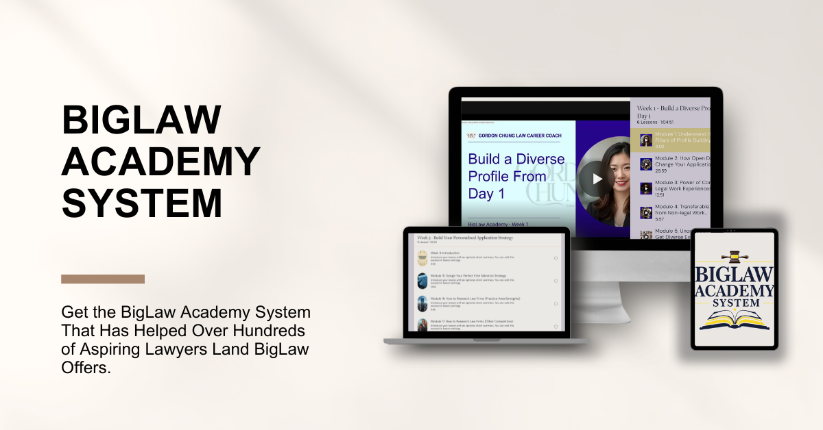 Screenshot of the BigLaw Academy System's marketing page showing a desktop monitor, a laptop, and a smartphone displaying different course modules and branding, with bold text highlighting "BIGLAW ACADEMY SYSTEM" and a description of its benefits for aspiring lawyers.