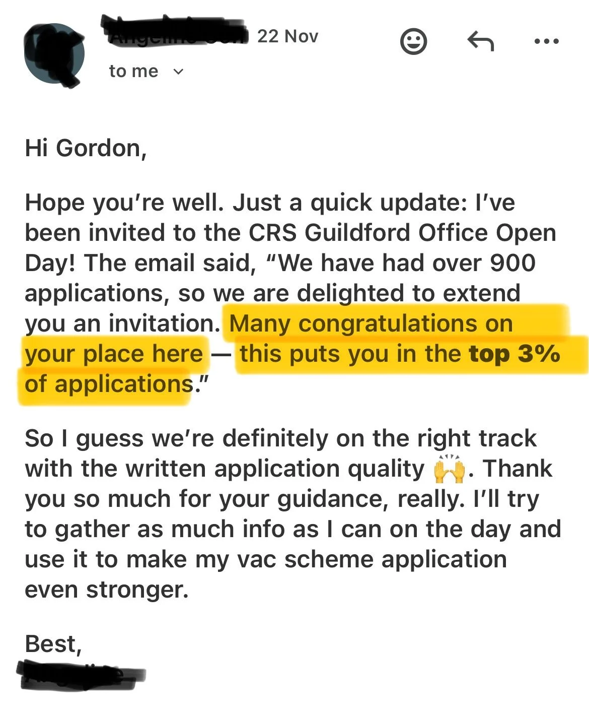 Email screenshot of a person congratulating Gordon for being among the top 3% of applicants for the CRS Guildford Office Open Day, with highlighted text emphasizing the achievement.