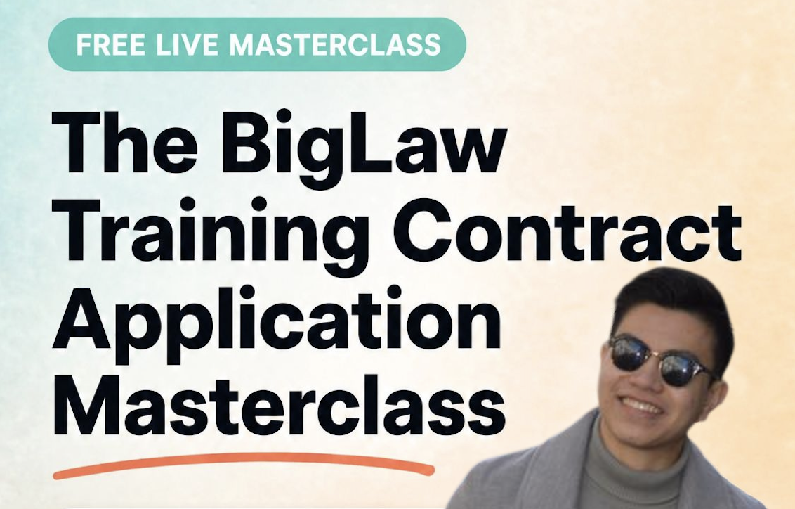 Promotion for a free live masterclass on the Big Law training contract application, featuring a smiling man wearing sunglasses.