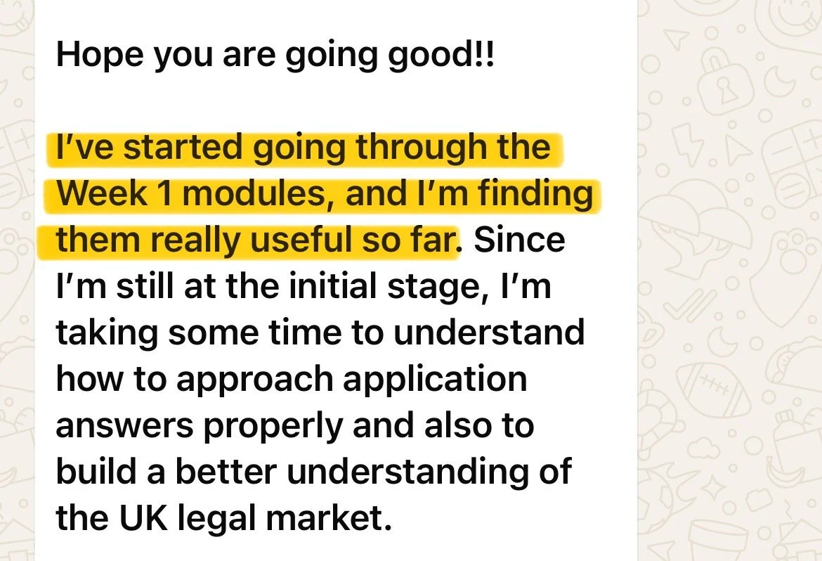 Screenshot of a WhatsApp message discussing progress with Week 1 modules, highlighted in yellow for emphasis.