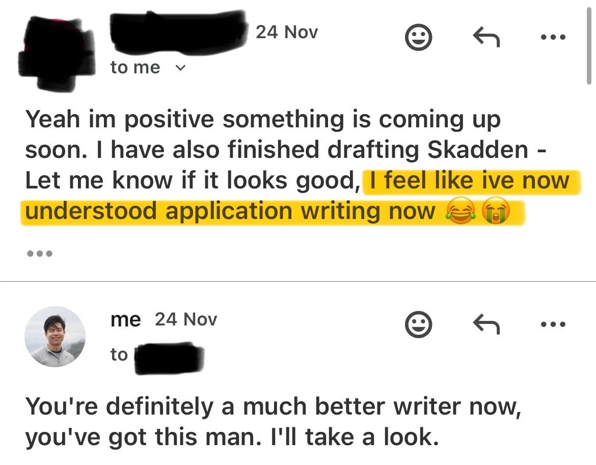 Screenshot of a text conversation with positive messages. One message mentions feeling confident about understanding application writing, and the other offers encouragement, praising improvement in writing skills.