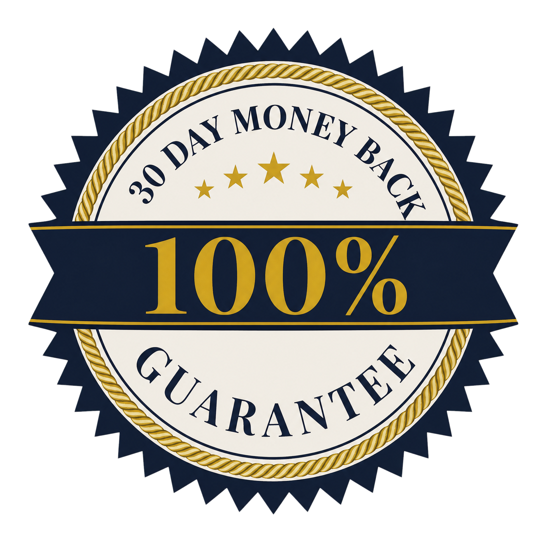 A badge with a navy blue starburst border, gold and white rope trim, and the text "30 DAY MONEY BACK" and "100% GUARANTEE" in navy and gold lettering.