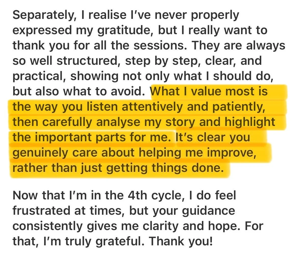 A handwritten note expressing gratitude and describing the importance of attentive listening, careful analysis, and genuine care in coaching or therapy sessions.