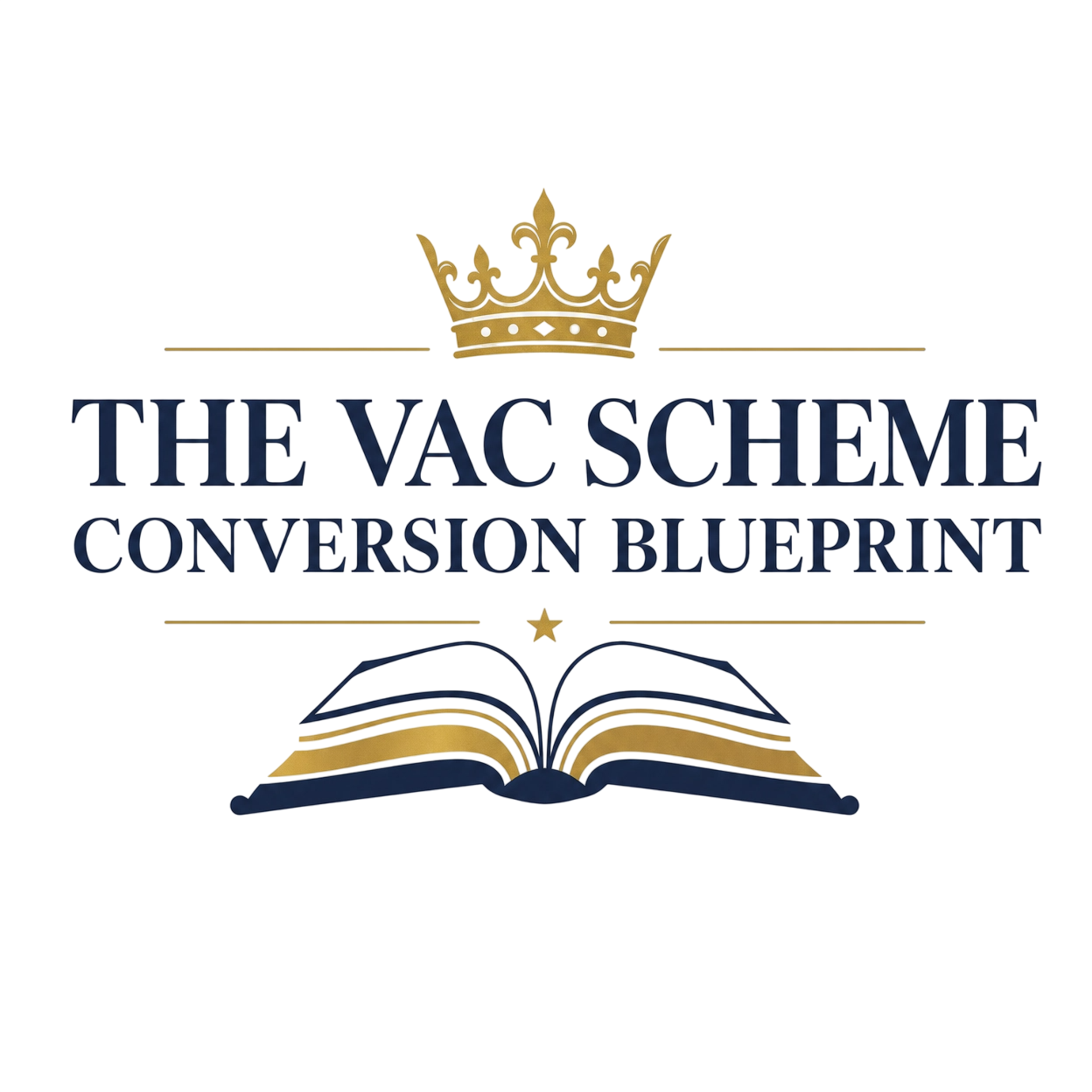Logo with a crown above a book, featuring the text "The Yac Scheme Conversion Blueprint" in dark blue letters.