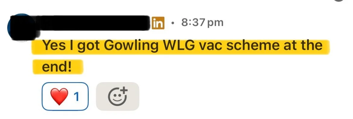 A LinkedIn post from a person celebrating getting the Gowling WLG vaccination scheme at the end with a red heart icon and a smiley face icon.