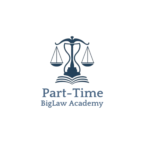 Logo for Part-Time Big Law Academy with scales of justice and an open book.