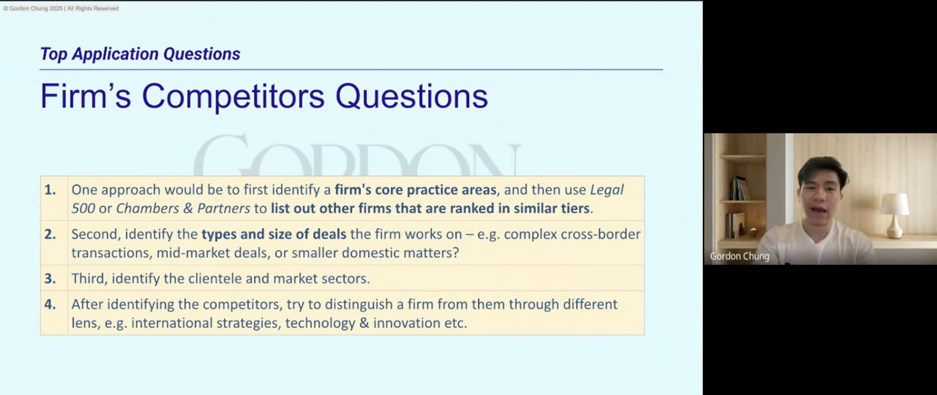 A presentation slide titled "Firm's Competitors Questions" with four key points about competitor analysis strategy for firms. The slide is on a light blue background, with the points highlighted in yellow. On the right, there is a video feed of a man named Gordon Chung speaking, seated in a room with wooden shelves and a lamp in the background.