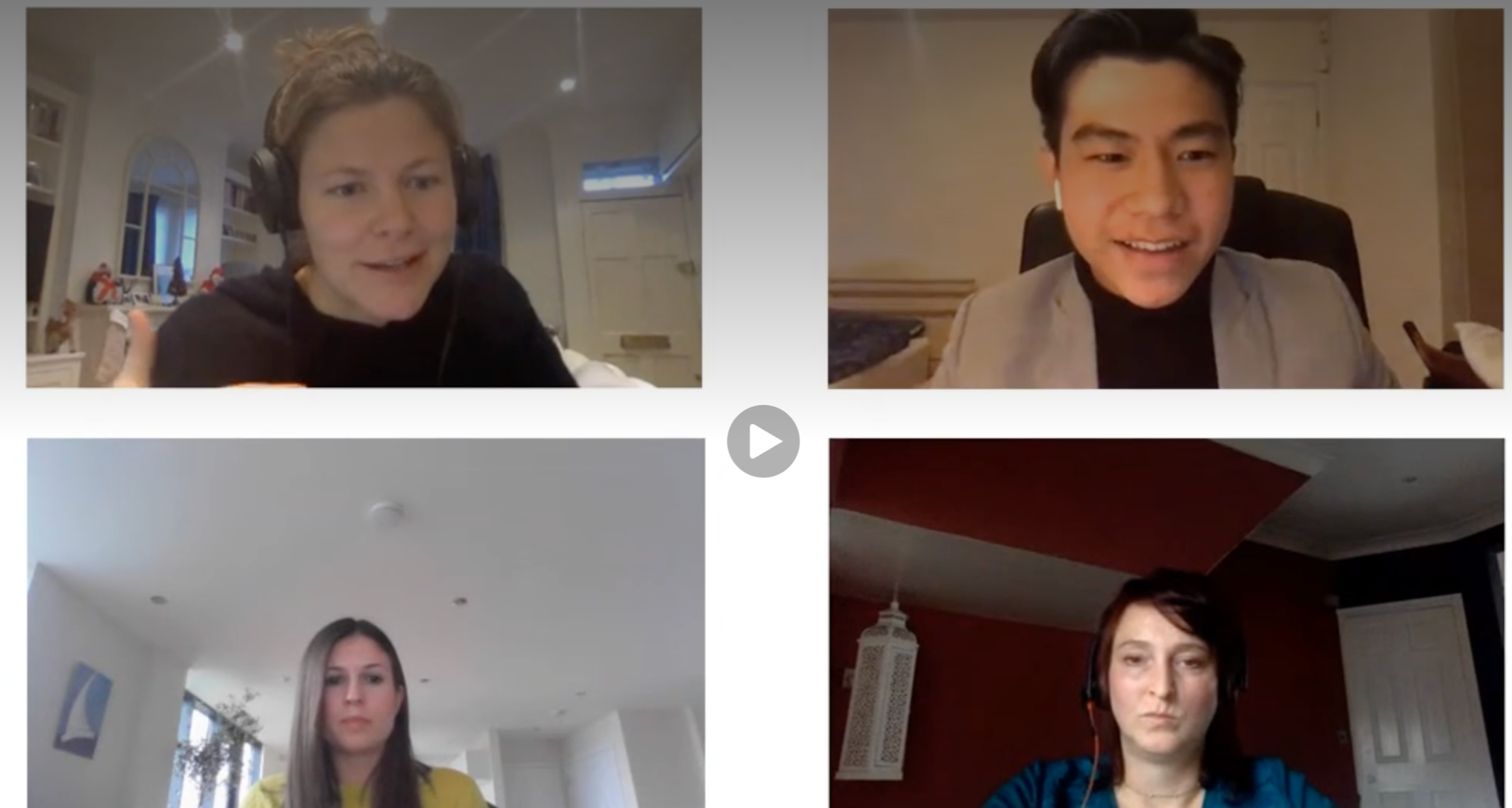 Screenshot of a video call with six participants. The top left participant is a woman with short hair, wearing headphones and speaking. The top right participant is a man with dark hair, smiling. The bottom left participant is a young woman with long blonde hair, wearing a yellow shirt. The bottom right participant is a woman with shoulder-length dark hair and headphones. The video call layout shows images of each person in a grid.