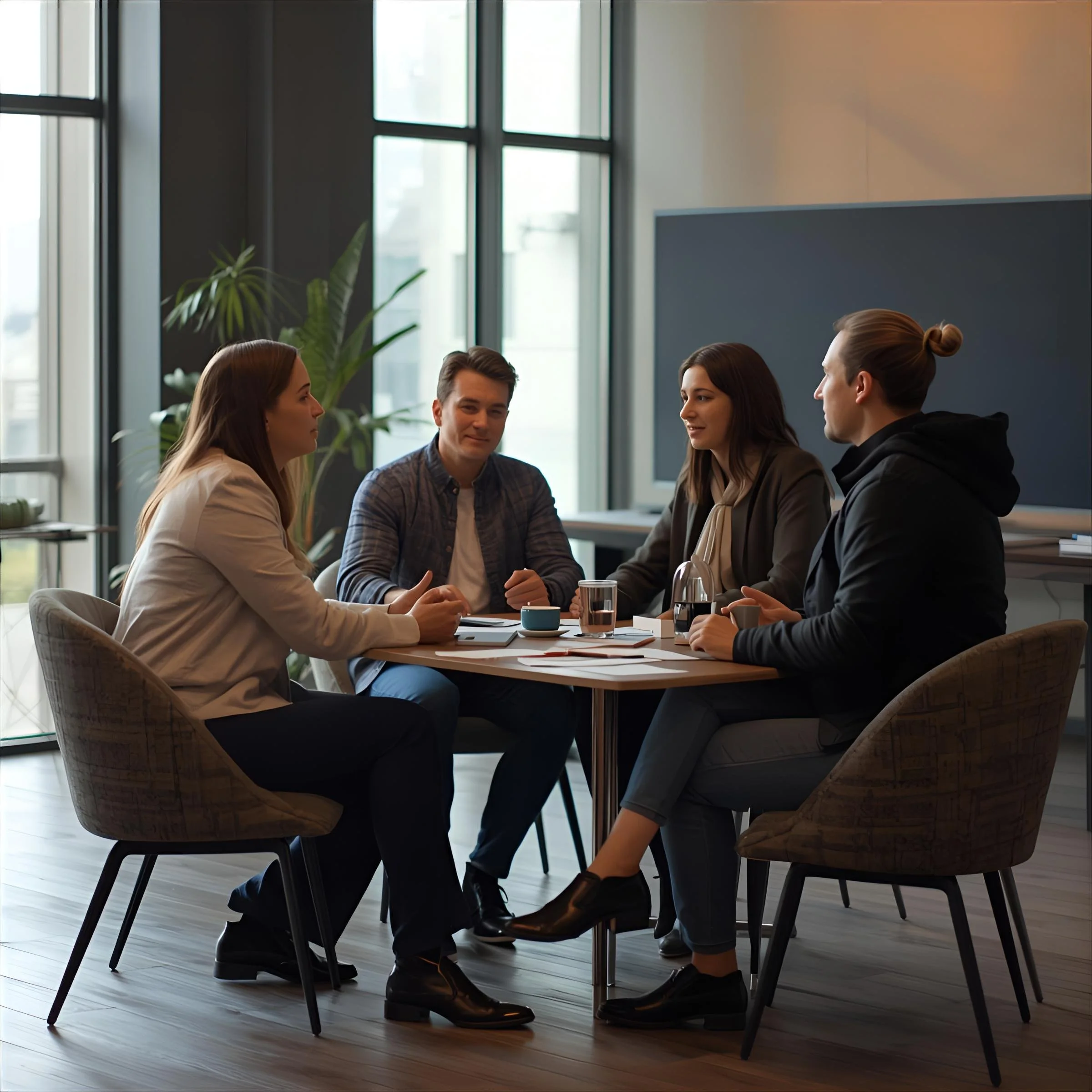 A group of five young professionals sitting around a table in a modern, bright office space with large windows, engaged in a discussion.