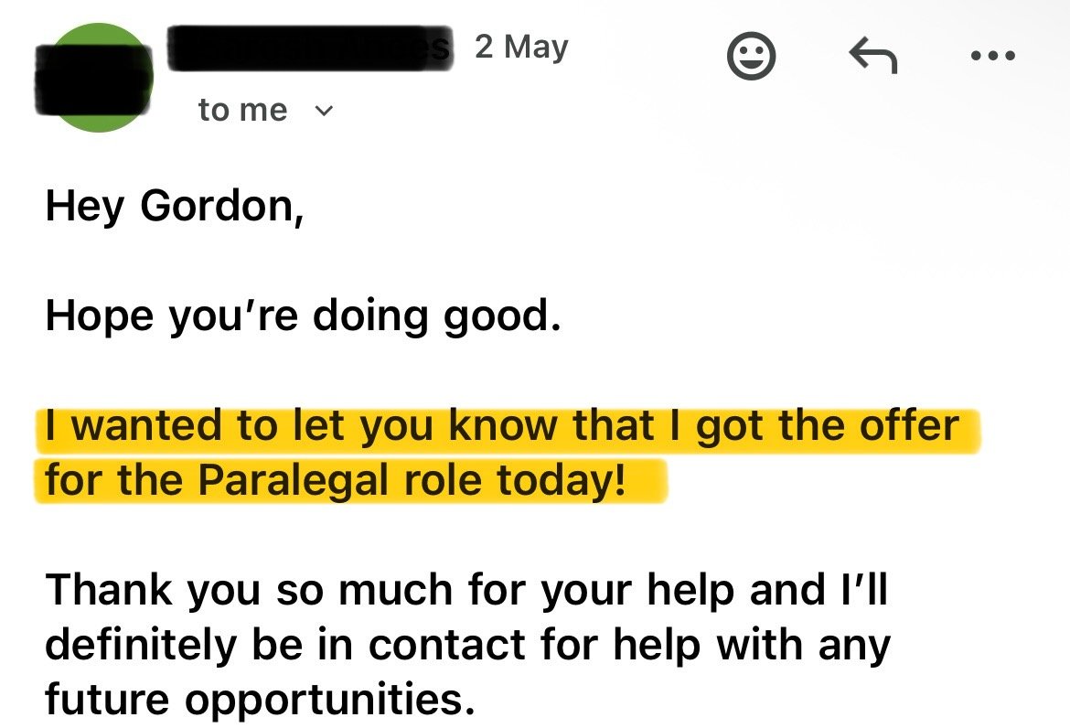 Email message from someone informing Gordon about receiving a Paralegal role offer, sent on May 2nd.
