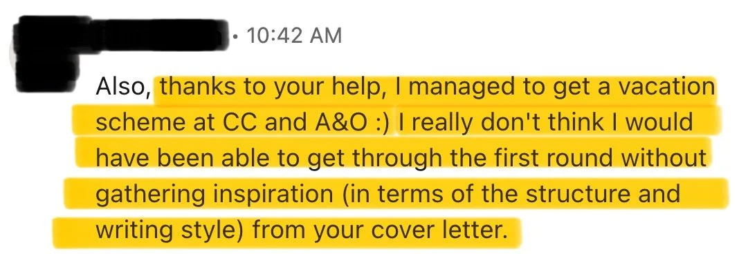 Screenshot of a text message thanking someone for their help in getting a vacation scheme at CC and A&O, mentioning it was difficult to get through the first round without inspiration from their cover letter.