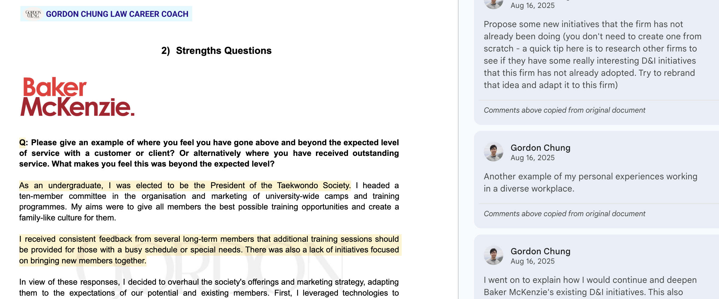 Screenshot of a document titled "Gordon Chung Law Career Coach" showing a question about strengths questions, with a highlighted example of a response about being elected President of the Taekwondo Society, and comments on the right side of the screen.