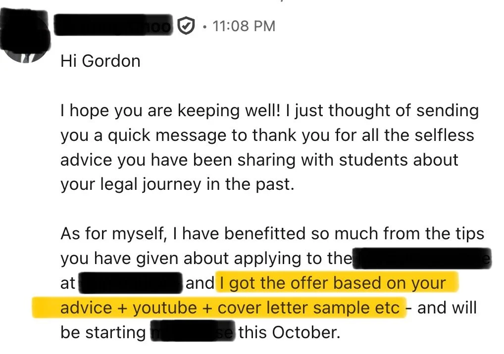 Screenshot of a text message expressing gratitude for advice and sharing a personal success story about receiving a job offer based on tips, YouTube, and cover letter sample.