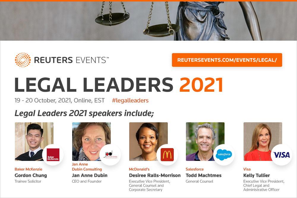 Graphic promoting the 2021 Legal Leaders event hosted by Reuters Events, featuring photos and titles of five speakers: Gordon Chung, Jan Anne Dubin, Desiree Ralls-Morrison, Todd Machtmes, and Kelly Tullier.