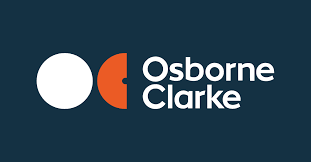 Osborne Clarke logo with a dark blue background, featuring a white circle and an orange semi-circle, and the company name in white text.