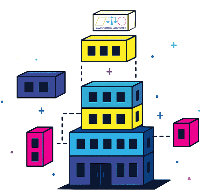 Colorful stacked blocks with the logo of LawGorithm Advisors on top, illustrating a concept related to algorithms or technology.
