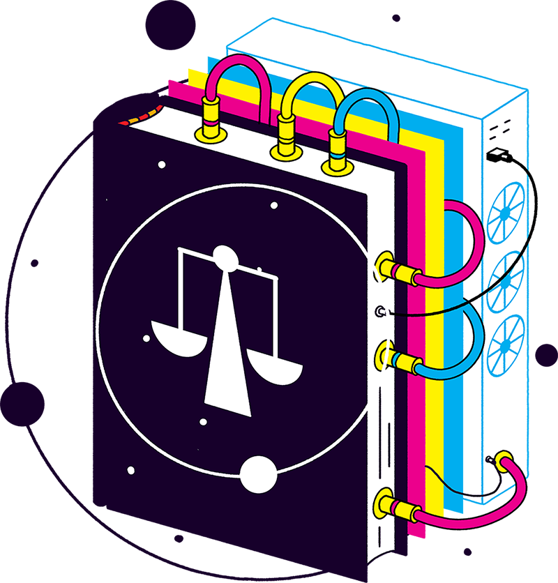A black square machine with a white scale symbol on its front, connected to colorful wires and circuit boards, representing a combination of justice and electronic circuitry.