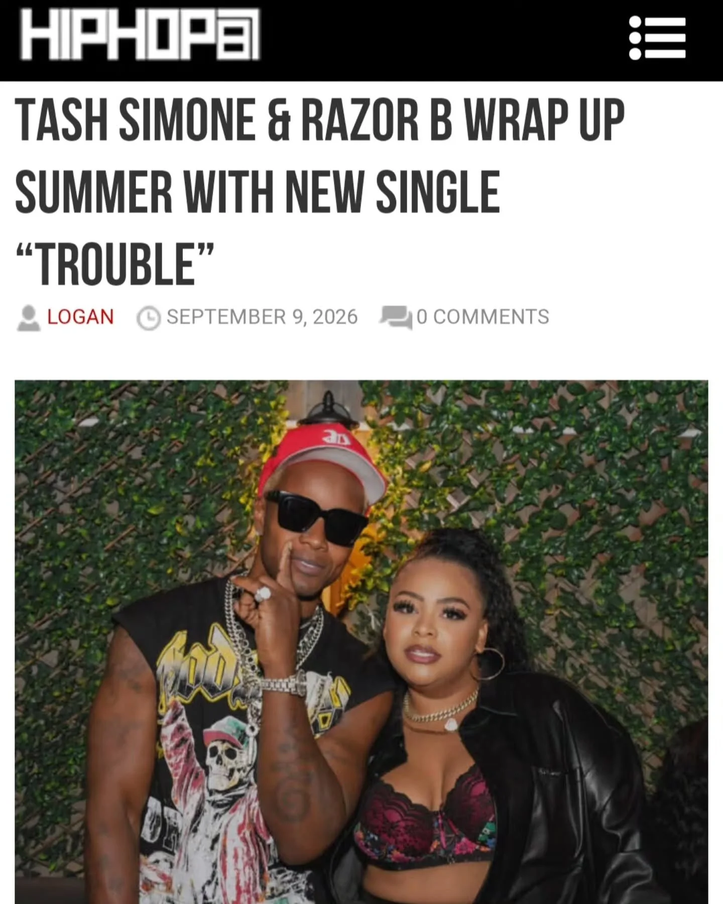 TROUBLE Season!! 😈🔥 Thank you @HipHop87 for the feature. Everybody been showing this record MAD love 🖤

If you haven&rsquo;t seen the official video yet&hellip; wyd? 👀
Tash Simone x Razor B &mdash; TROUBLE. OUT NOW. Link in bio‼️