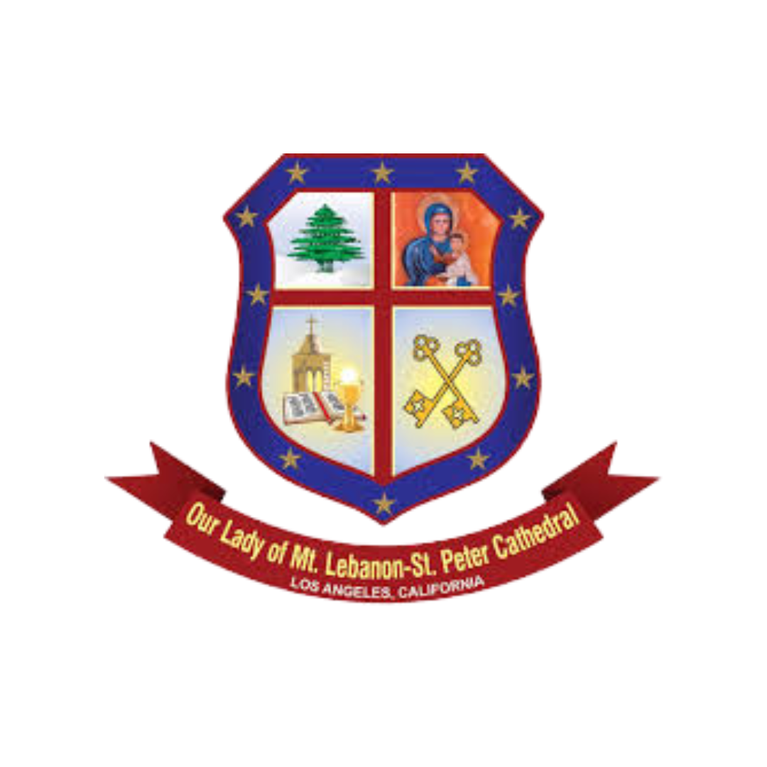 A shield-shaped emblem with four sections, featuring a tree, religious figures, a church with a flag, and crossed keys. A red ribbon at the bottom reads 'Our Lady of Mt. Lebanon-SL Peter Cathedral, Los Angeles, California.'