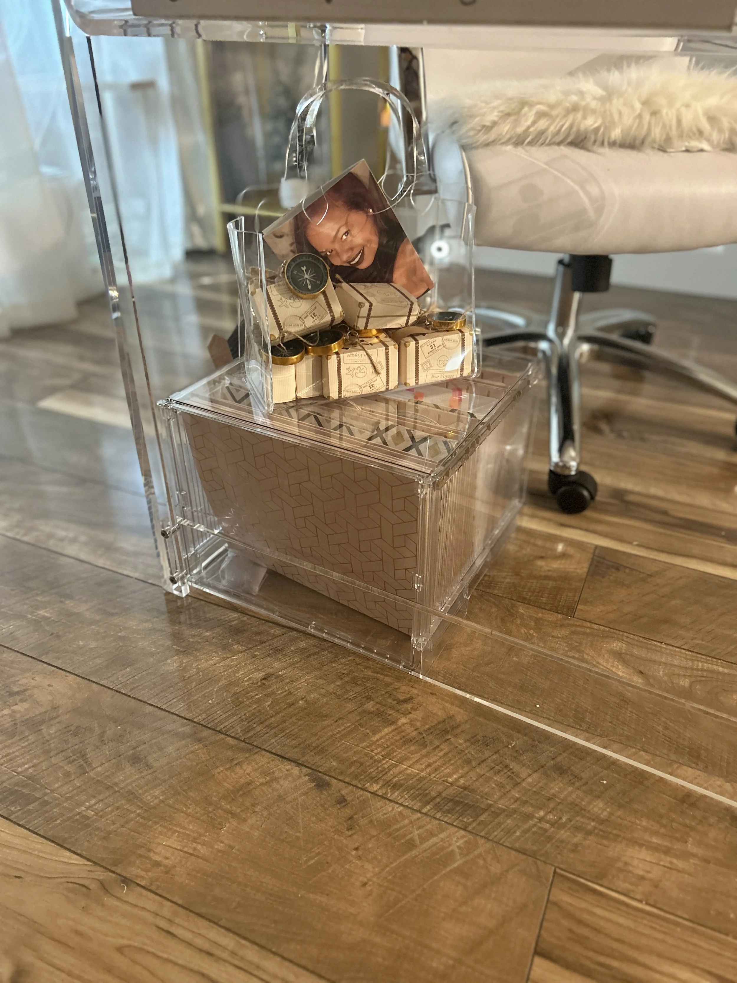 Acrylic handbag and file cabinet for a chic and unique feel in the home office area.