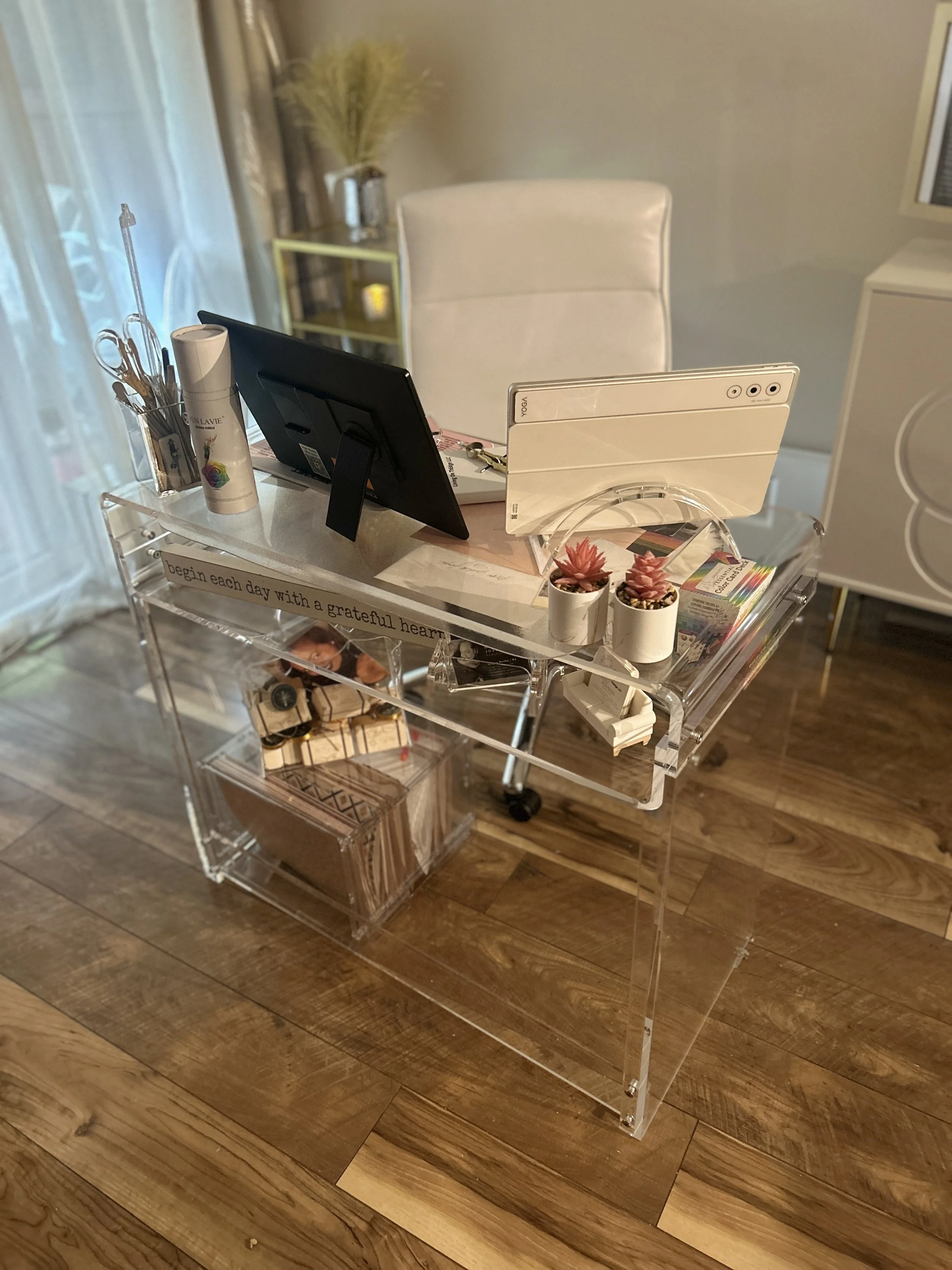 An acrylic work desk.