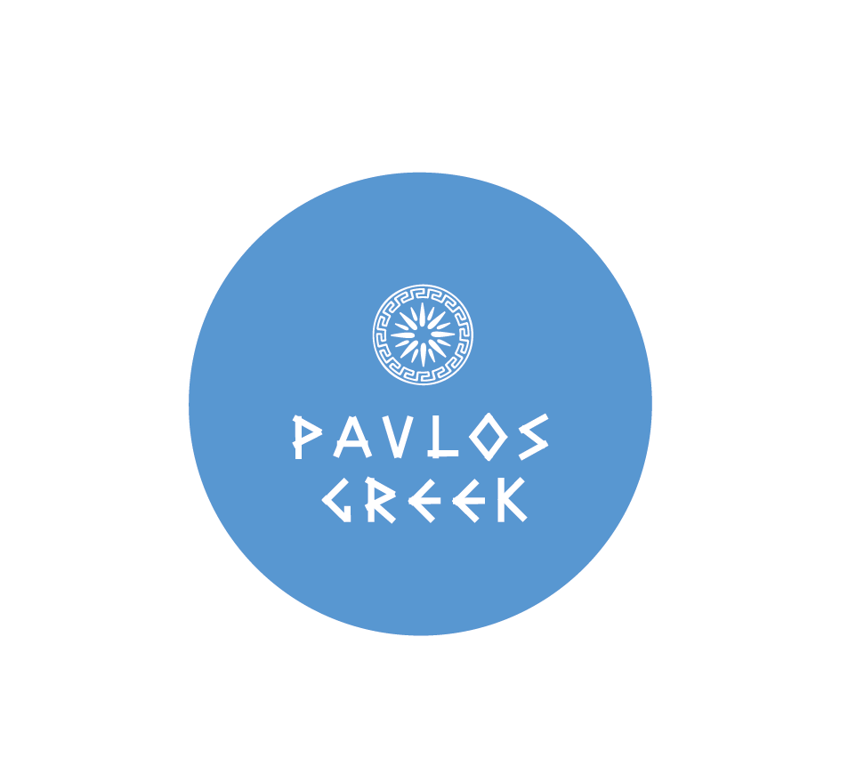 Blue circular logo with a white Greek-inspired emblem and the text 'Pavlos Greek' in stylized white letters.