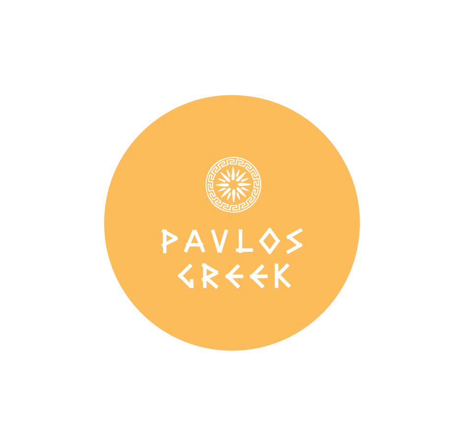 Logo for Pavlos Greek with a circular design, Greek-inspired ornament at the top, and the text "Pavlos Greek" below in stylized font on an orange background.
