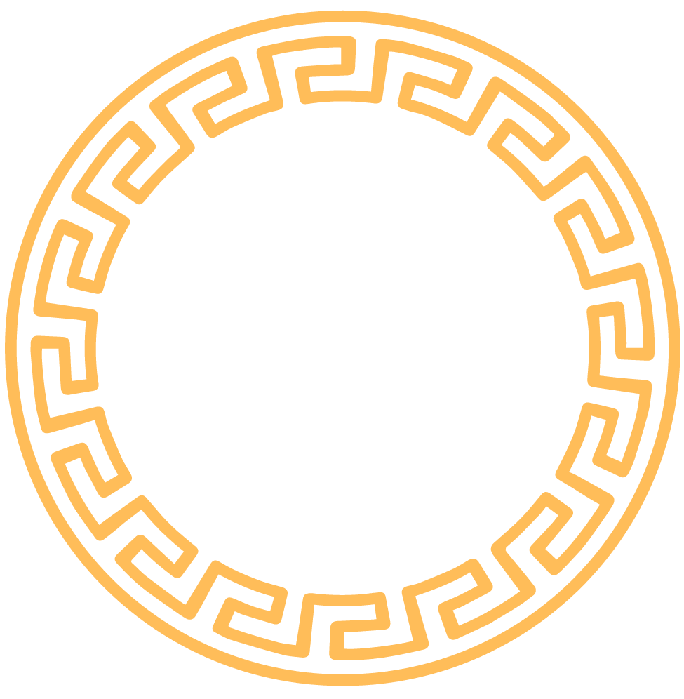 A decorative circular border with a Greek key pattern in gold color.