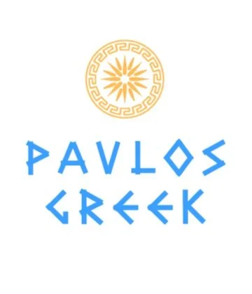 Pavlos Greek logo featuring a golden sun and Greek key pattern above blue text reading Pavlos Greek.