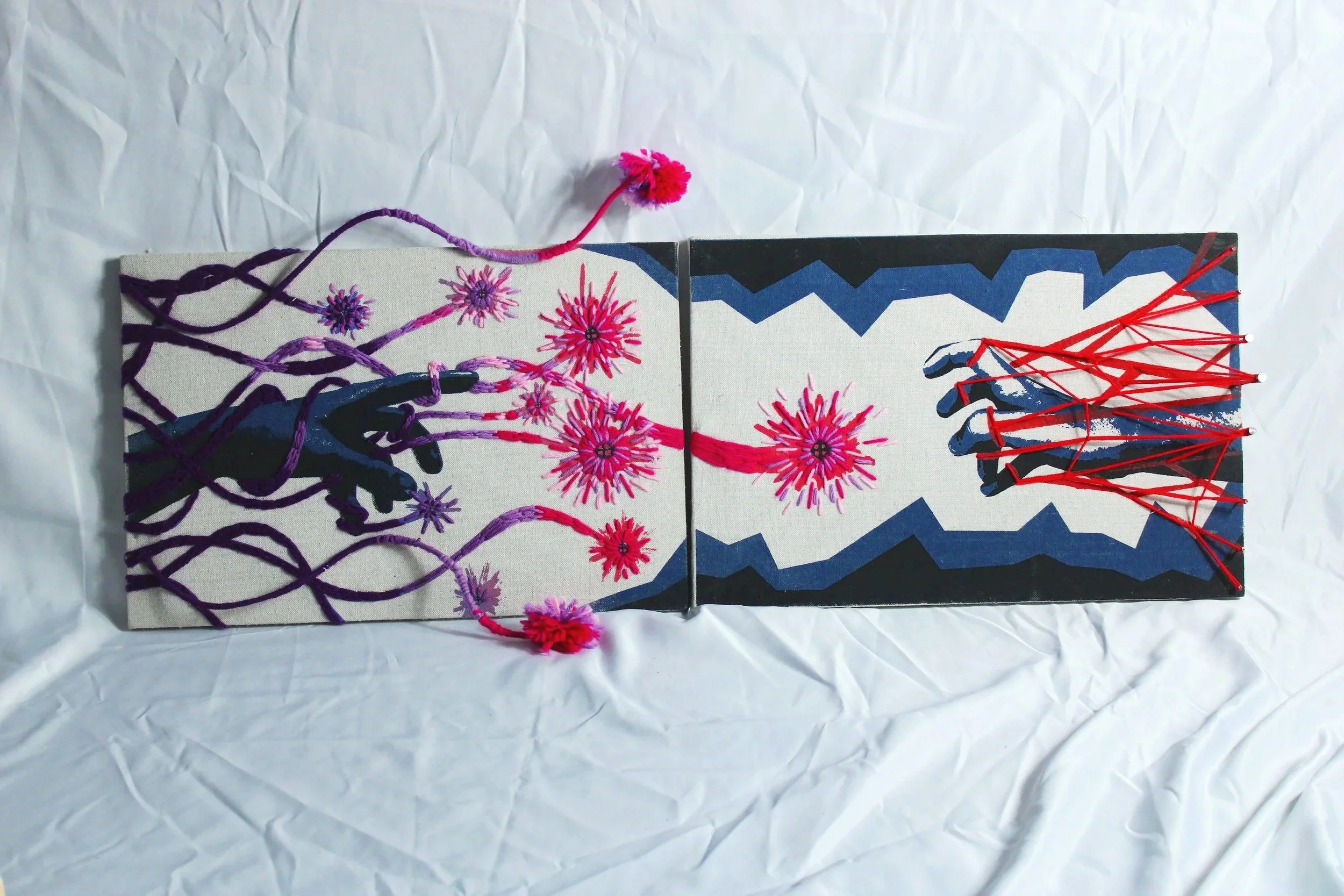 "I continue to create" and "because I don't know what else to do" - two 16" x 20" panels -  screen-print on canvas, embroidery, nails, wire, yarn, 2025