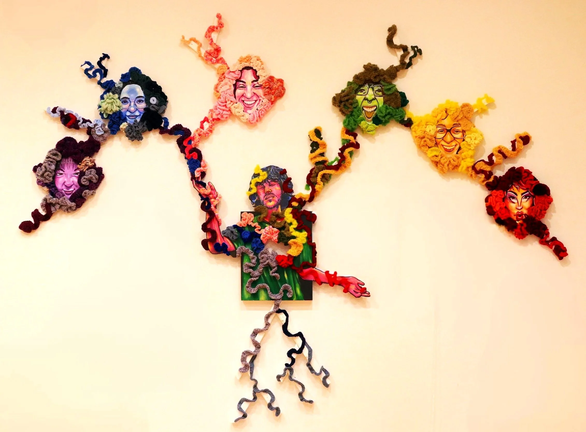 Always a Part of me - 16" x 20" panel, 6 10" x 10" panels - Acrylic on wood panel, 1 x 1 beams, crochet, 3D prints - 2026