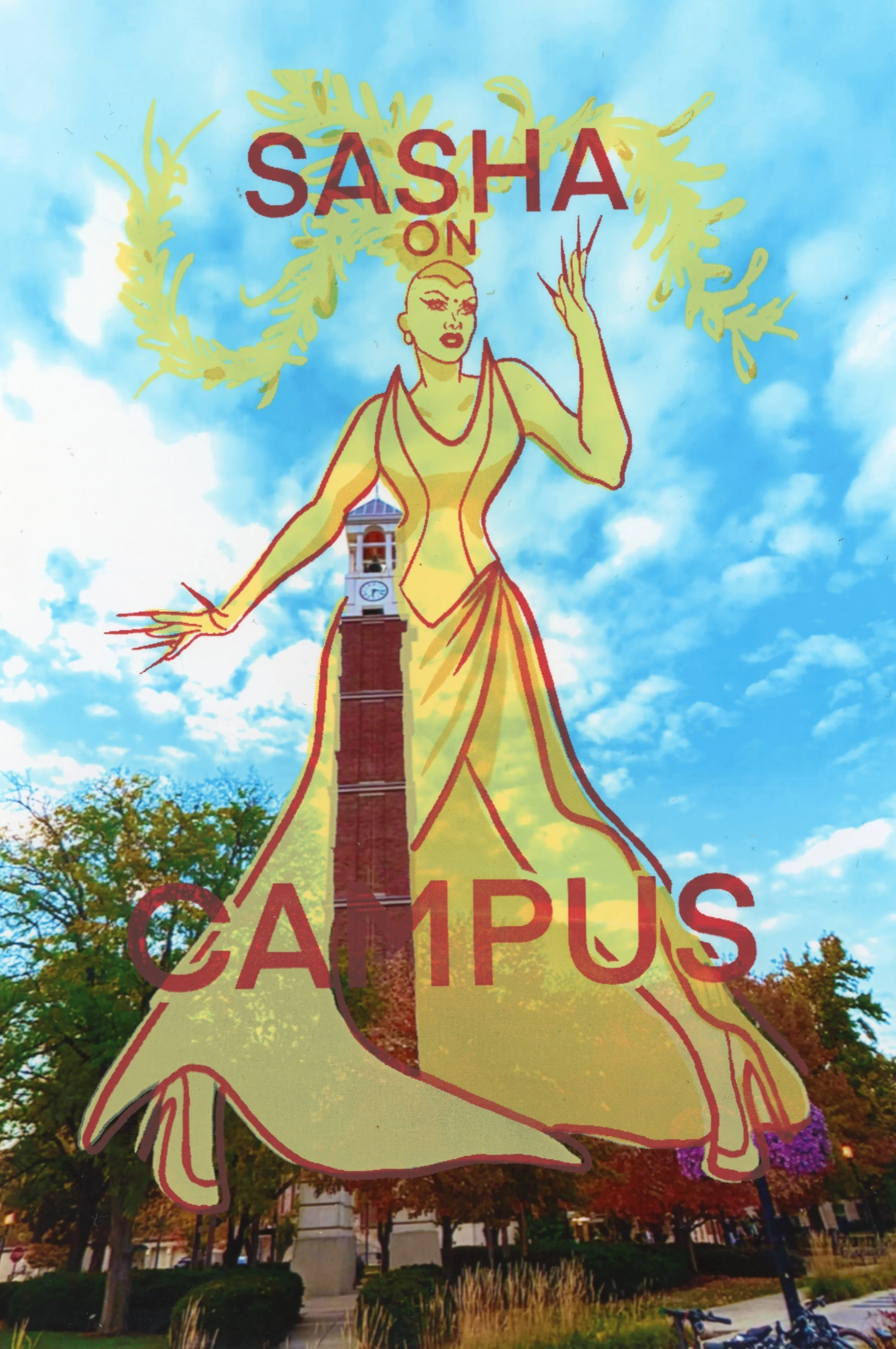Sasha on Campus - 4" x 6" - screen-print on dye sublimation print - 2025 - Made in response to Sasha Velour interview and performance hosted at Purdue, event headed by me as president of Drag Appreciation Club of Purdue, and the Purdue LGBTQ Center